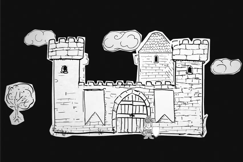 Eine Burg im Cut-out-Stil ist als Zeichnung dargestellt. Vor dem verschlossenen Tor der Festung steht ein Wächter mit einem Schild.