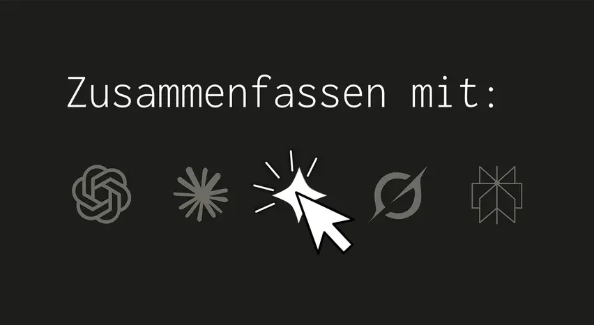 Screenshot des „Zusammenfassen“-Elements. Auf dunkelgrauem Hintergrund sind hellgraue KI-Symbole zu sehen. Das Google-Gemini-Symbol und der darüberliegende Cursor sind weiß dargestellt, halbkreisförmig angeordnete Linien markieren den Klick.