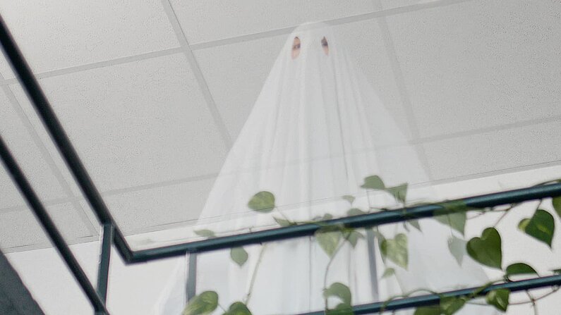 Eine als Geist verkleidete Person steht oben hinter dem Geländer eines Treppenhauses, welches von rankenden Pflanzen bewachsen ist. 