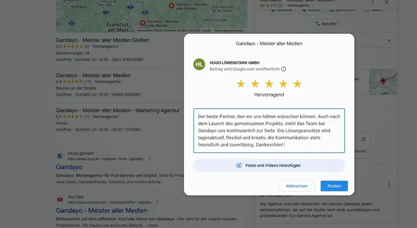 Screenshot eines Google-Bewertungsfensters für Gandayo. Das Overlay mit einer Fünf-Sterne-Bewertung und einem ausgefüllten Textfeld liegt über den Google-Suchergebnissen