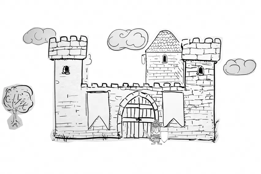 Eine Burg im Cut-out-Stil ist als Zeichnung dargestellt. Vor dem verschlossenen Tor der Festung steht ein Wächter mit einem Schild.