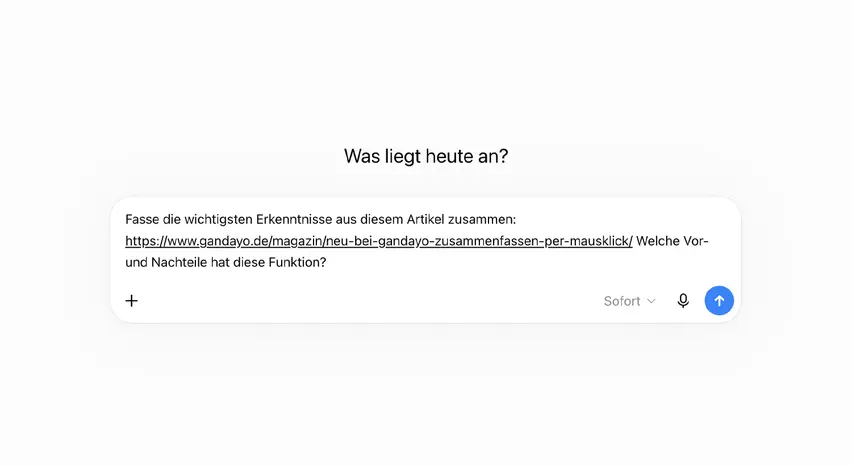 Screenshot der ChatGPT-Begrüßung mit einem Prompt zur Zusammenfassung eines Blogeintrags. Darunter steht die Frage: „Was bedeutet das für mein Unternehmen?“