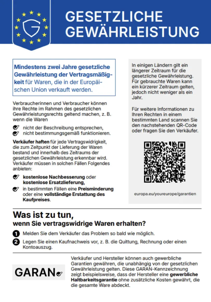 Abgebildet ist das offizielle Dokument zur gesetzlichen Gewährleistung. Unter einer blauen Kopfleiste mit herausstehendem Label – einem blauen Wappen mit weißem „G“ und Sternenkreis – werden konkrete Anwendungsfälle und Schritte zur Inanspruchnahme dieses Rechts erklärt. Außerdem erläutert das Dokument den Unterschied zur gewerblichen Garantie und zeigt einen QR-Code, der zu detaillierten Informationen auf europa.eu führt.