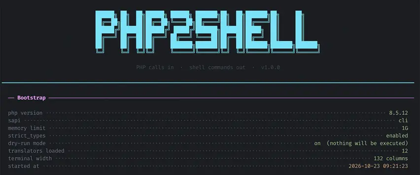 Auf schwarzem Hintergrund steht der hellblaue Schriftzug „PHP2SHELL“. Darunter ist Bootstrap-PHP-Quellcode zu sehen.